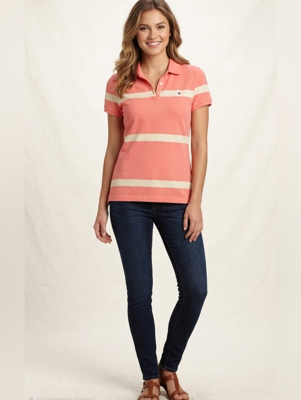 Tommy Hilfiger Women's Pink/White Polo Wide Stripes Shirt Sz L EUC